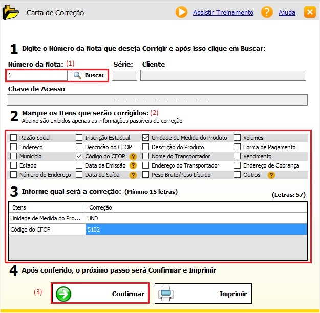 Tela mostrando a pesquisa da nota fiscal e seleção dos campos para correção