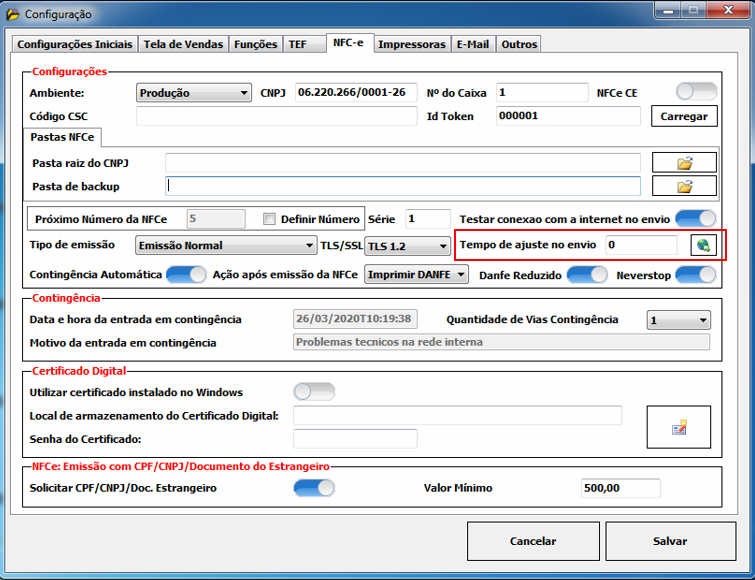 Configuração de data e hora no PDV