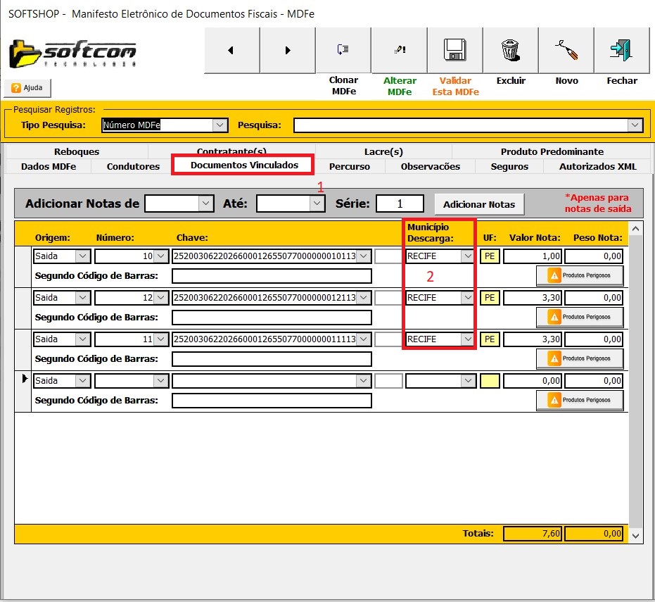 Exemplo de tela com Município de Descarregamento