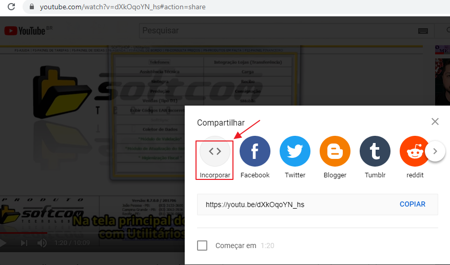 Opção Incorporar do YouTube