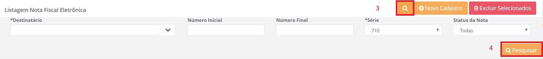 Tela de filtros e pesquisa de Notas Fiscais no Softcomshop.