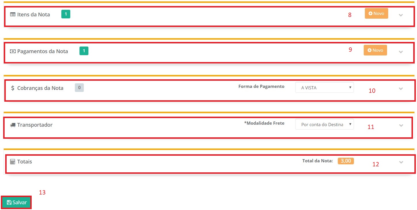 Tela de preenchimento dos itens, forma de pagamento e outros detalhes da Nota Fiscal.