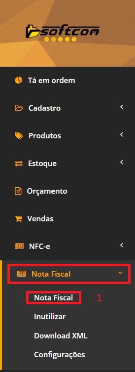 Menu lateral do Softcomshop com acesso ao módulo de Nota Fiscal.