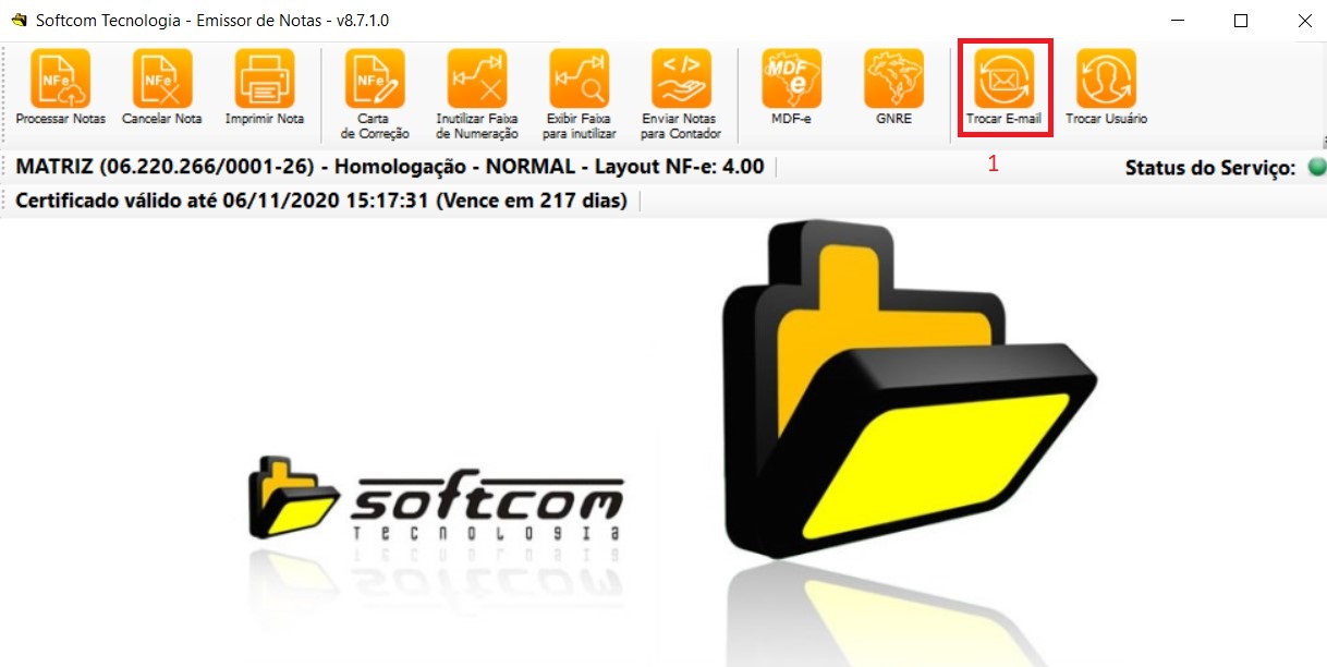 Imagem mostrando a opção Trocar E-mail no emissor de NF-e.