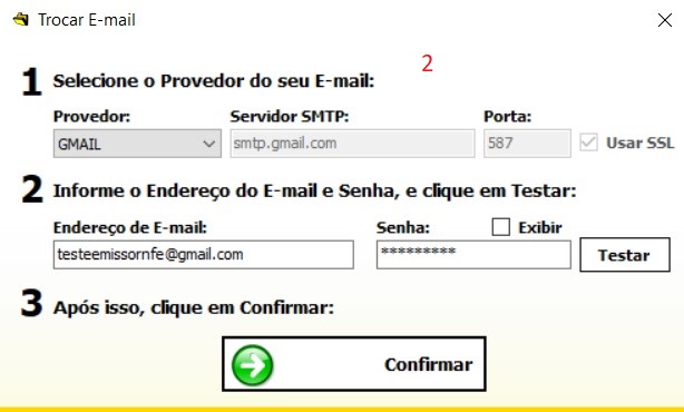 Imagem mostrando as instruções para alterar e-mail ou senha no emissor de NF-e.