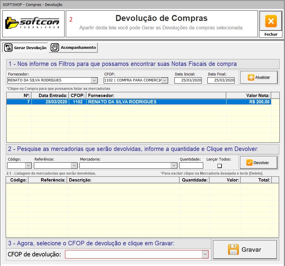 Imagem da tela de geração de NFe de devolução