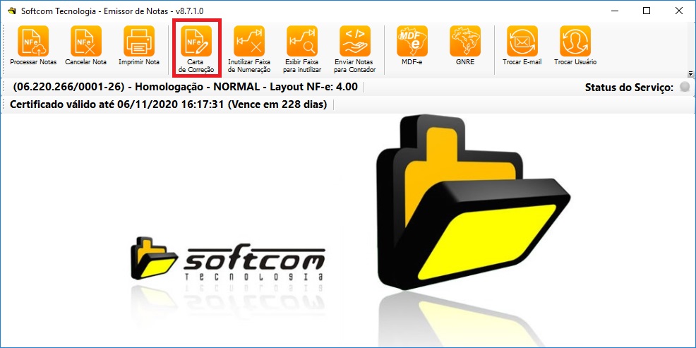 Tela do Emissor NFe mostrando a opção Carta de Correção